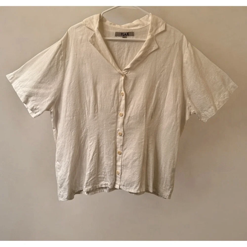 FLAX 100% Linen White Short Sleeve Button Down Shirt Blouse Lagenlook - Large - Picture 2 of 7